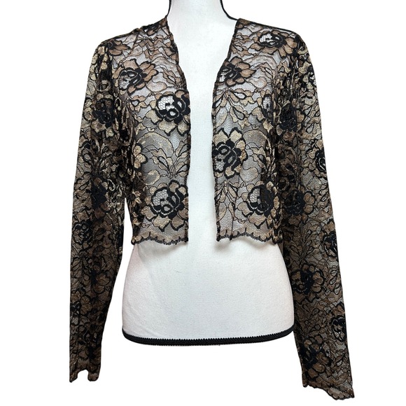 Sweaters - Vintage Lace Bolero Jacket Womens 14 Black Gold Metallic Floral Shrug Sheer Chic